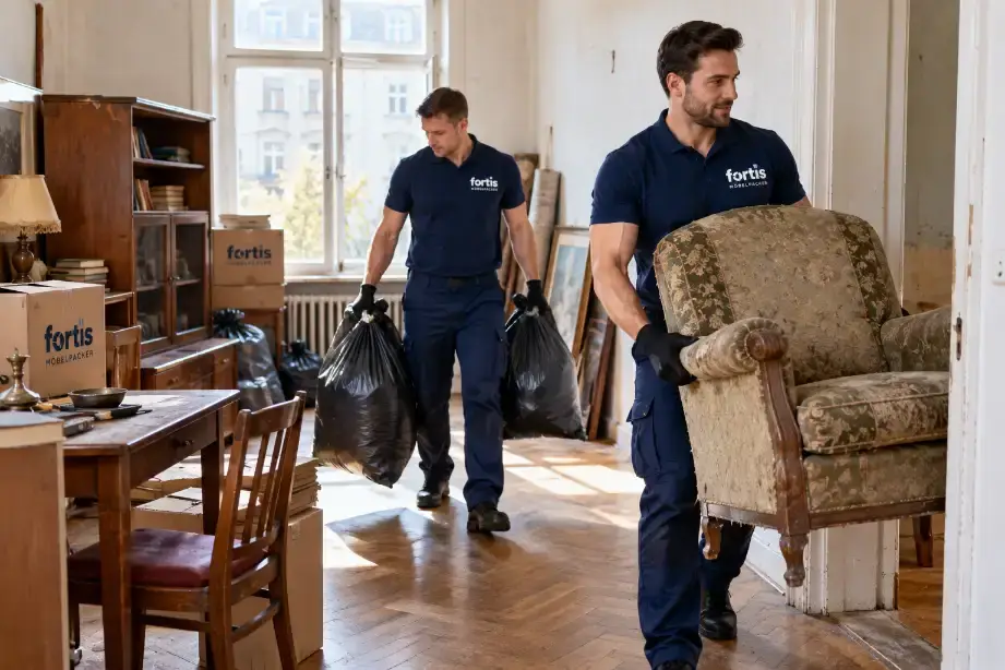 Fortis Team räumt einen vollgeräumten Keller und trägt Gegenstände zum Fahrzeug