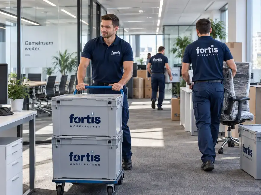 Fortis Team verlädt Büromöbel und beschriftete Umzugskisten aus einem Wiener Büro
