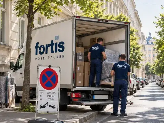 Aufgestellte Halteverbotstafel vor dem Fortis Möbelwagen in einer Wiener Wohnstraße