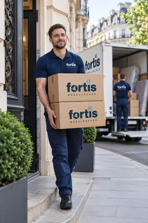 Möbelpacker von Fortis verladen Umzugskartons vor einem Wiener Wohnhaus