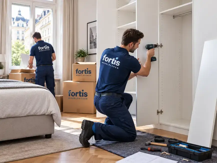 Monteur von Fortis baut einen Kleiderschrank in einer hellen Wohnung auf