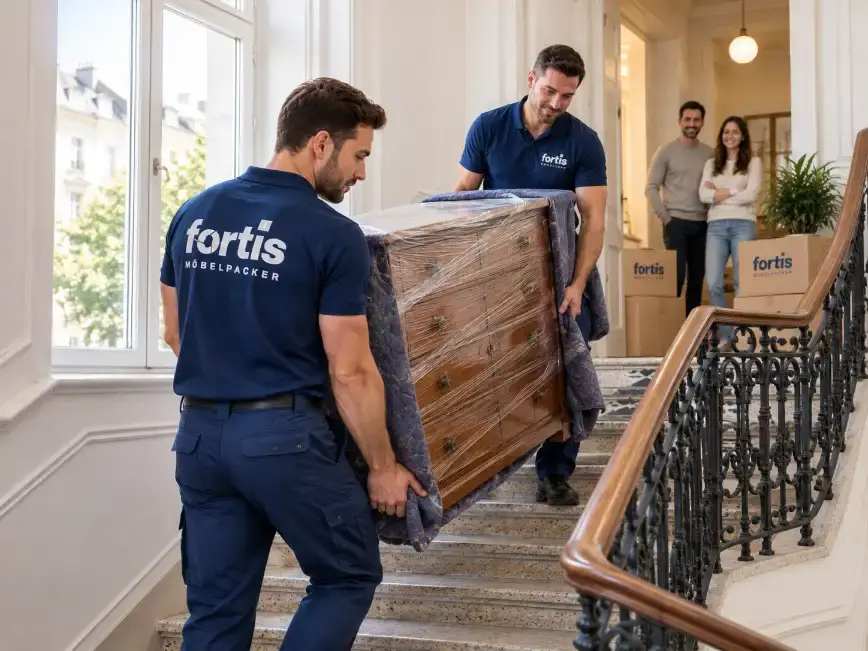 Möbelpacker von Fortis tragen einen verpackten Schrank aus einem Wiener Altbau in den Transporter